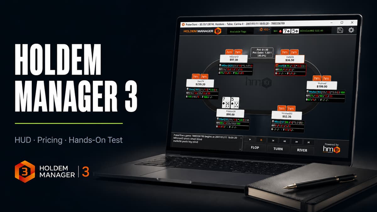 Holdem Manager 3 Review Featured Image Holdem Manager 3 review featured image showing HM3 poker tracking software on a laptop, bold strategy guide title, HUD stats, notebook, pen, and Holdem Manager logo