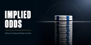 Implied odds featured image showing a short stack of poker chips on a dark reflective surface, with the reflection below showing a taller stack, representing the hidden future value beyond the current pot