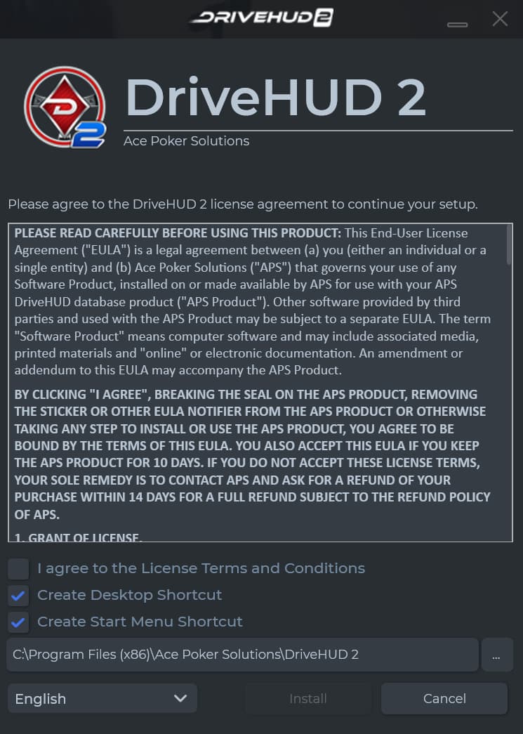 Installing DriveHUD 2 DriveHUD 2 installation screen showing the license agreement, setup options, desktop and start menu shortcut checkboxes, install path, and software installer controls