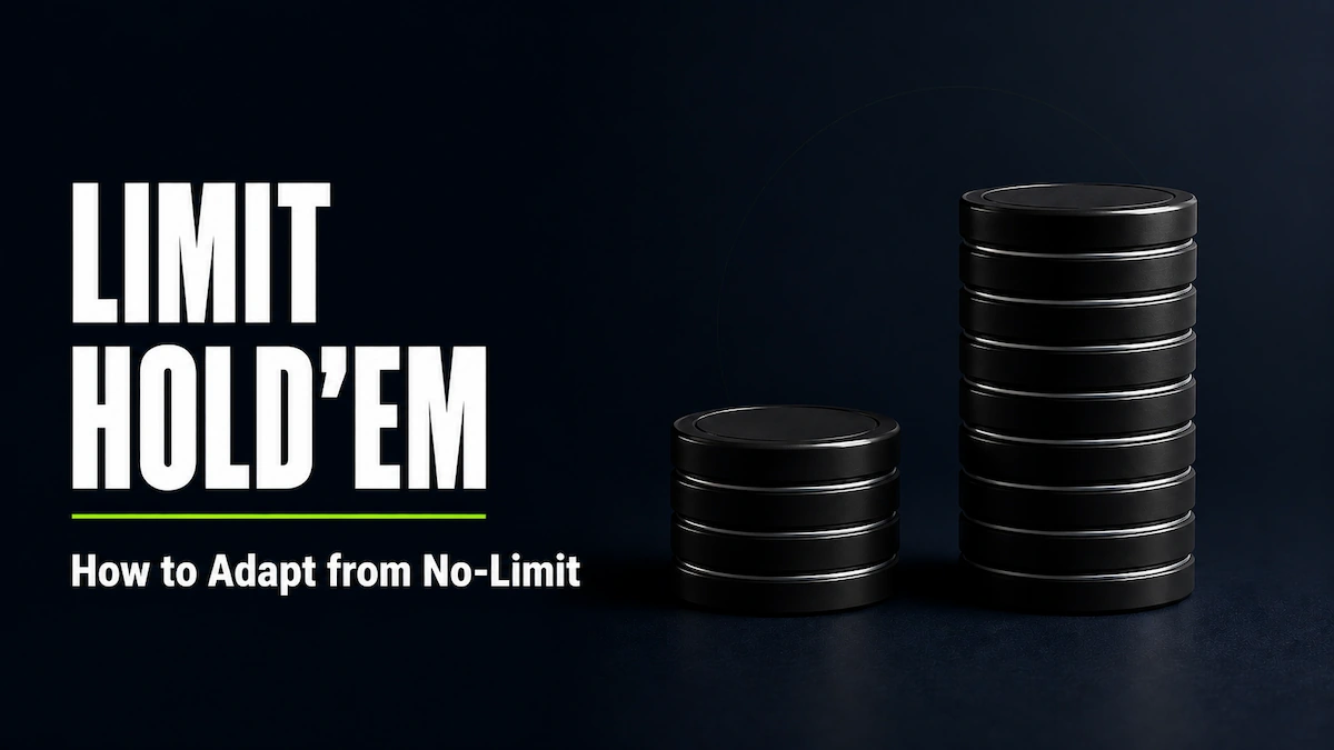 Limit Hold'em Strategy Limit Hold'em strategy featured image showing two stacks of black poker chips at a precise 1:2 height ratio, representing the fixed small bet and big bet structure