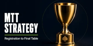 MTT strategy featured image showing a gold poker tournament trophy with a spade symbol embossed on the base on a dark surface
