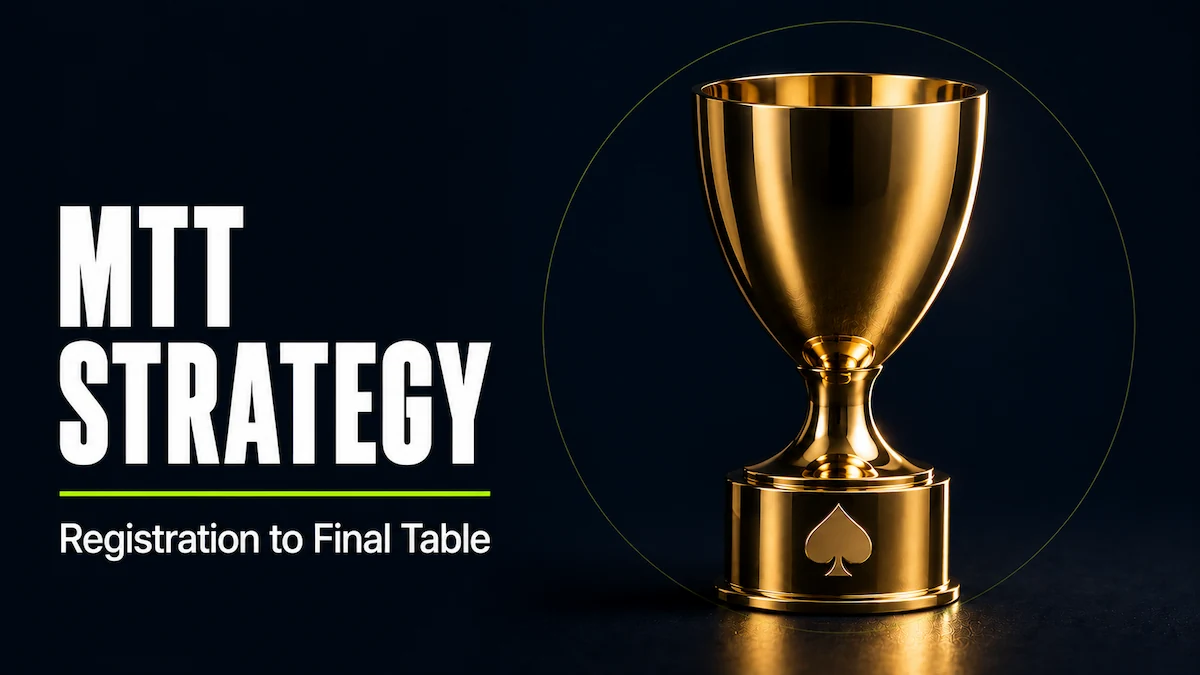 MTT strategy featured image showing a gold poker tournament trophy with a spade symbol embossed on the base on a dark surface