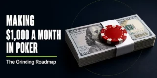 Making $1,000 a month in poker featured image showing a neat bundle of US $100 bills with a white paper band and a red poker chip sitting on top