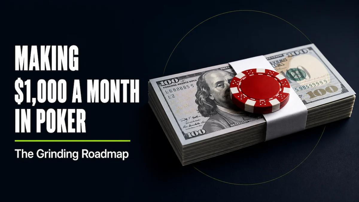 How to Make $1,000 a Month Playing Poker Making $1,000 a month in poker featured image showing a neat bundle of US $100 bills with a white paper band and a red poker chip sitting on top