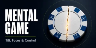 Poker mental game featured image showing a white poker chip with blue edge stripes cracked down the center with warm golden light glowing through the fracture, representing tilt damage held together by mental discipline