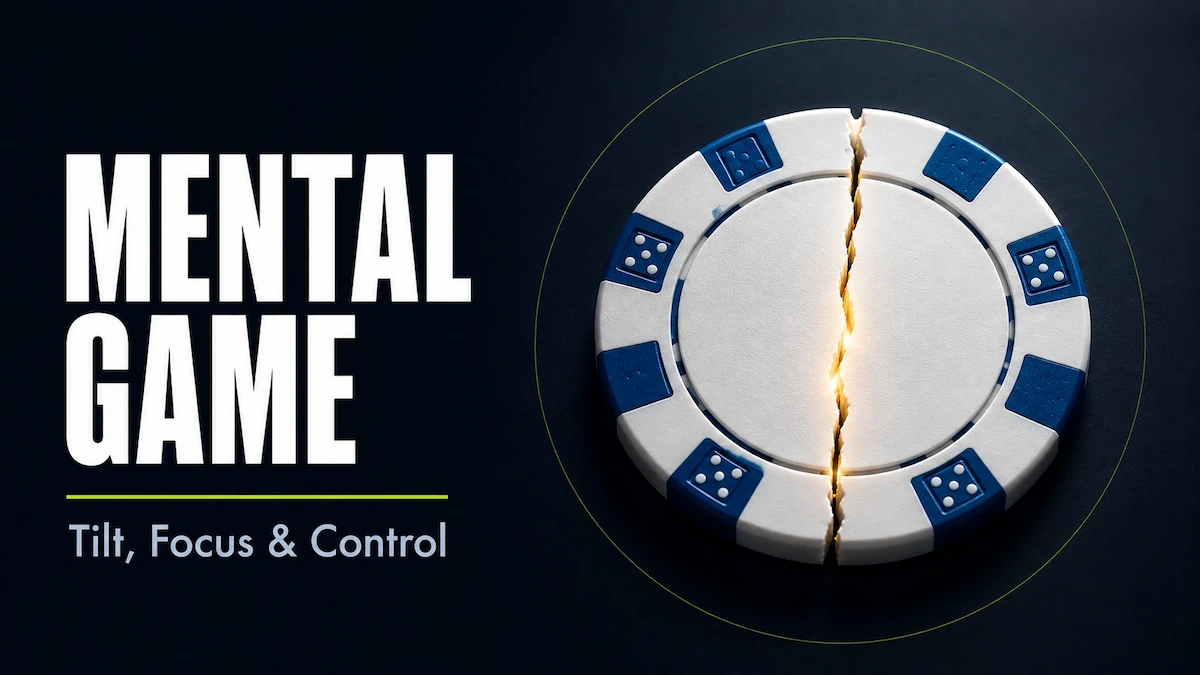 Poker mental game featured image showing a white poker chip with blue edge stripes cracked down the center with warm golden light glowing through the fracture, representing tilt damage held together by mental discipline