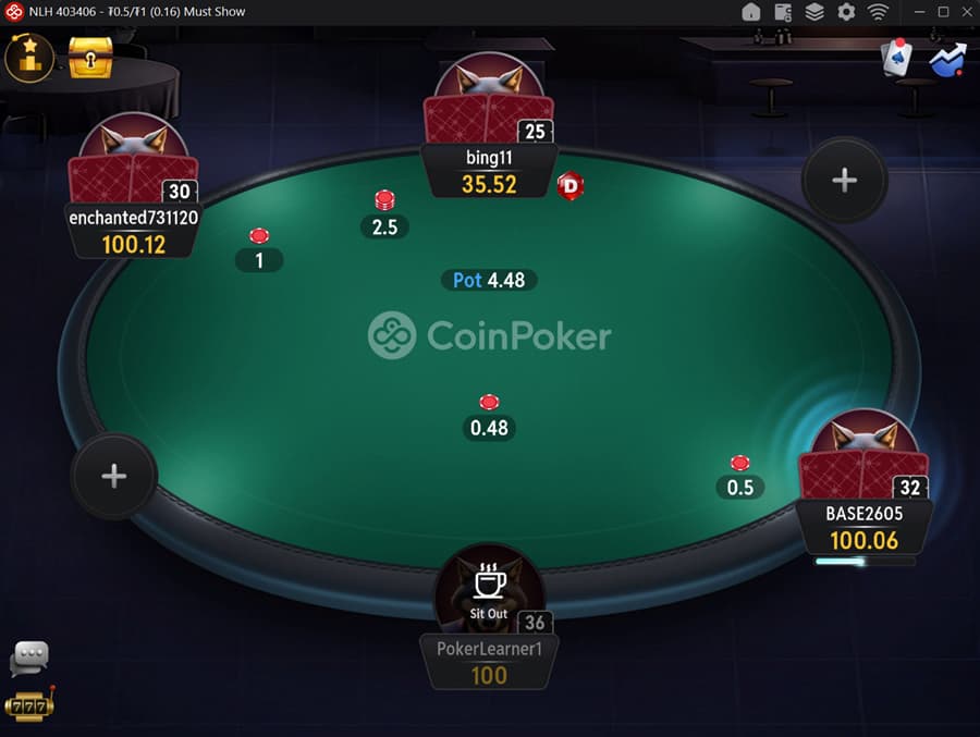 A high-definition screenshot of a CoinPoker online crypto poker table. The interface shows a shorthanded No Limit Hold'em (NLH) cash game at ₮0.5/₮1 (USDT) stakes. Four players are seated around the classic green felt table, which prominently features the CoinPoker logo in the center. The action is currently on player 'BASE2605', with a central pot of 4.48. The dark-themed digital layout displays player avatars, individual chip stacks ranging up to 100 USDT, the dealer button, and active bets in play