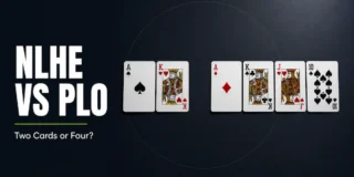 NLHE vs PLO comparison featured image showing two Hold'em hole cards (Ace of spades and King of hearts) next to four Omaha hole cards (Ace of diamonds, King of hearts, Jack of clubs, Ten of spades) on a dark surface