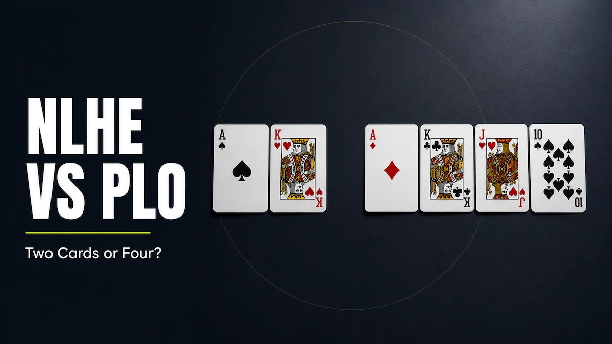 NLHE vs PLO NLHE vs PLO comparison featured image showing two Hold'em hole cards next to four Omaha hole cards on a dark surface