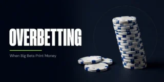Overbetting strategy featured image showing a small cluster of 3 loose poker chips next to a tall stack of 12 chips towering over them, representing a bet that exceeds the size of the pot