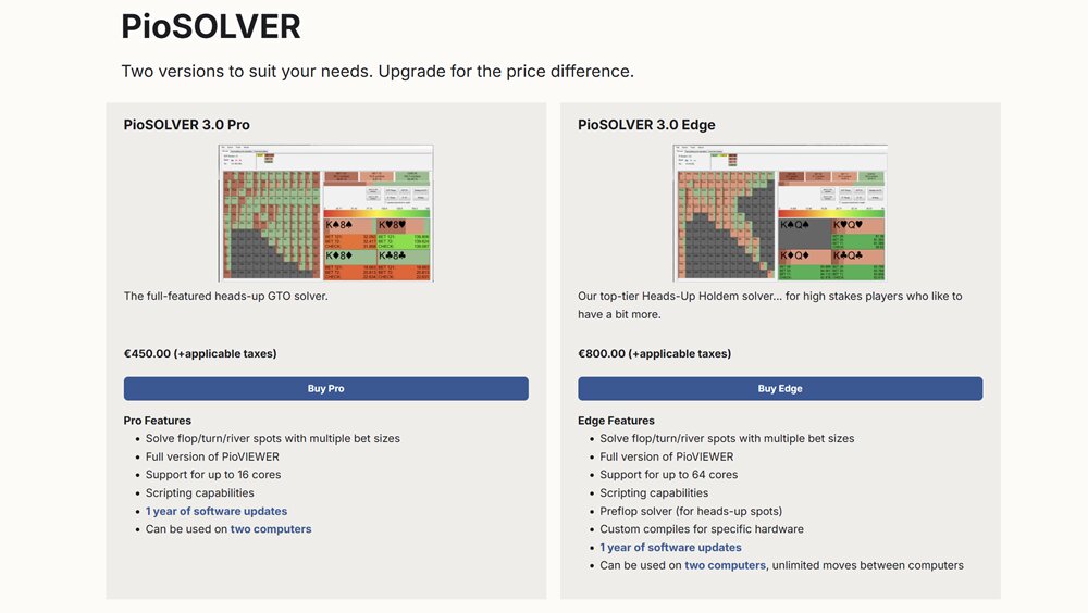 Screenshot comparing PioSOLVER 3.0 Pro and PioSOLVER 3.0 Edge pricing, features, and upgrade options for heads-up Texas Hold’em GTO poker analysis