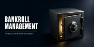Poker bankroll management featured image showing a small dark steel safe with its door slightly open and a warm golden glow spilling out, with a chrome combination dial on the front