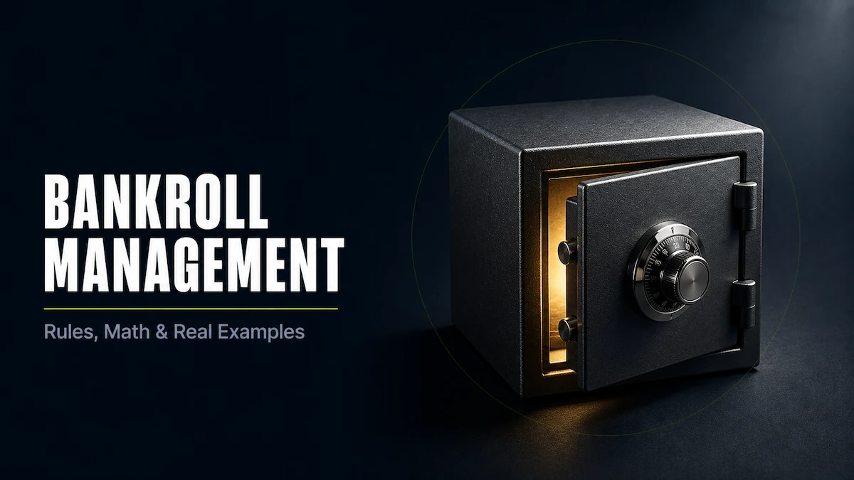 Poker bankroll management featured image showing a small dark steel safe with its door slightly open and a warm golden glow spilling out, with a chrome combination dial on the front