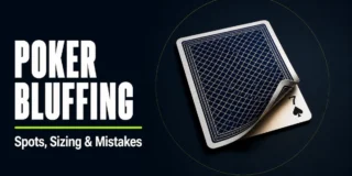 Poker bluffing strategy featured image showing a face-down playing card with one corner peeled back to reveal the 7 of spades underneath, representing the weak hand hidden behind a confident bluff