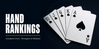 Poker hand rankings featured image showing a Royal Flush in spades with 10, J, Q, K, and A fanned out on a dark background