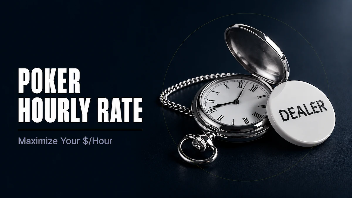 Poker hourly rate featured image showing a silver pocket watch with an open face next to a white poker dealer button on a dark surface