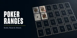 Poker ranges featured image showing a grid of face-down playing cards with a few premium hands turned face-up in the corner, representing a hand range matrix