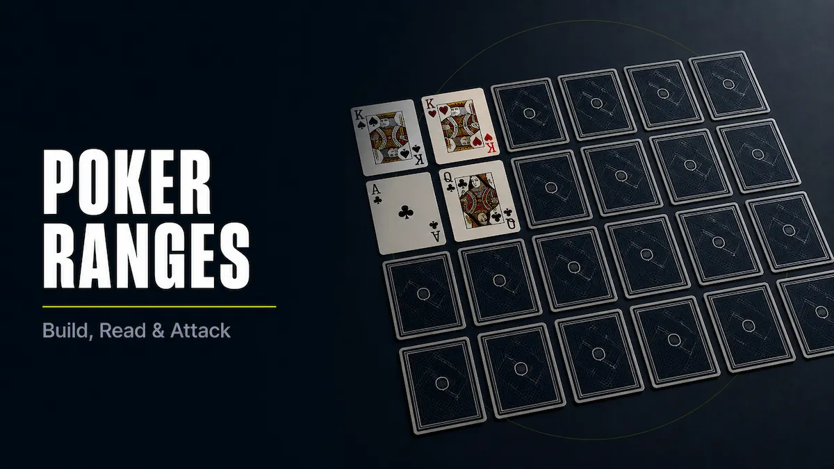 Poker ranges featured image showing a grid of face-down playing cards with a few premium hands turned face-up in the corner, representing a hand range matrix