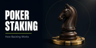 Poker staking featured image showing a dark wooden chess knight piece standing on top of a gold poker chip as a pedestal, representing the backer's investment supporting the horse