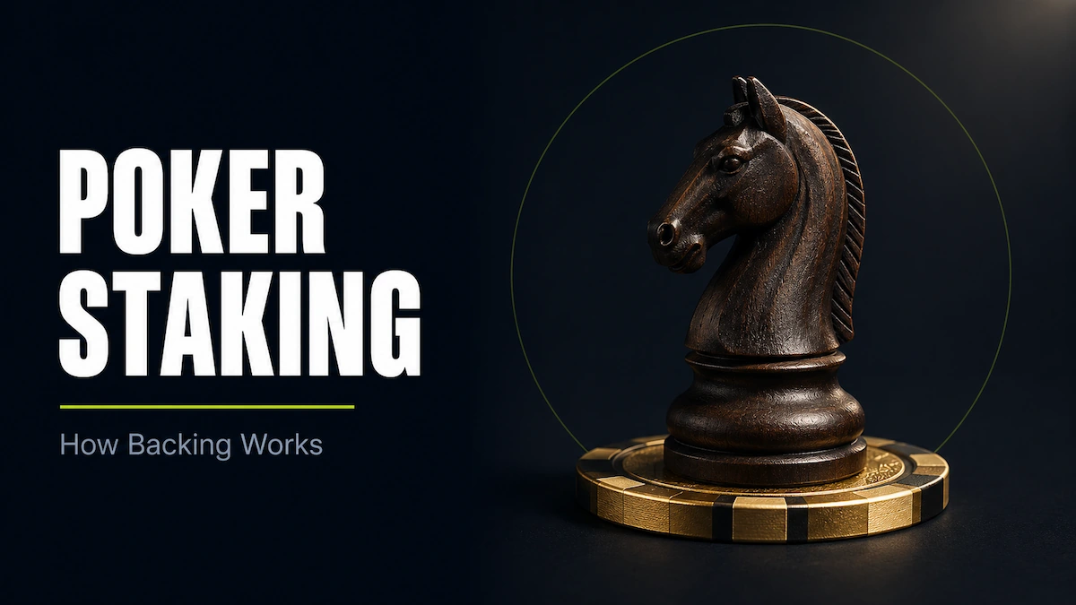 Poker Staking Poker staking featured image showing a dark wooden chess knight piece standing on top of a gold poker chip as a pedestal, representing the backer's investment supporting the horse