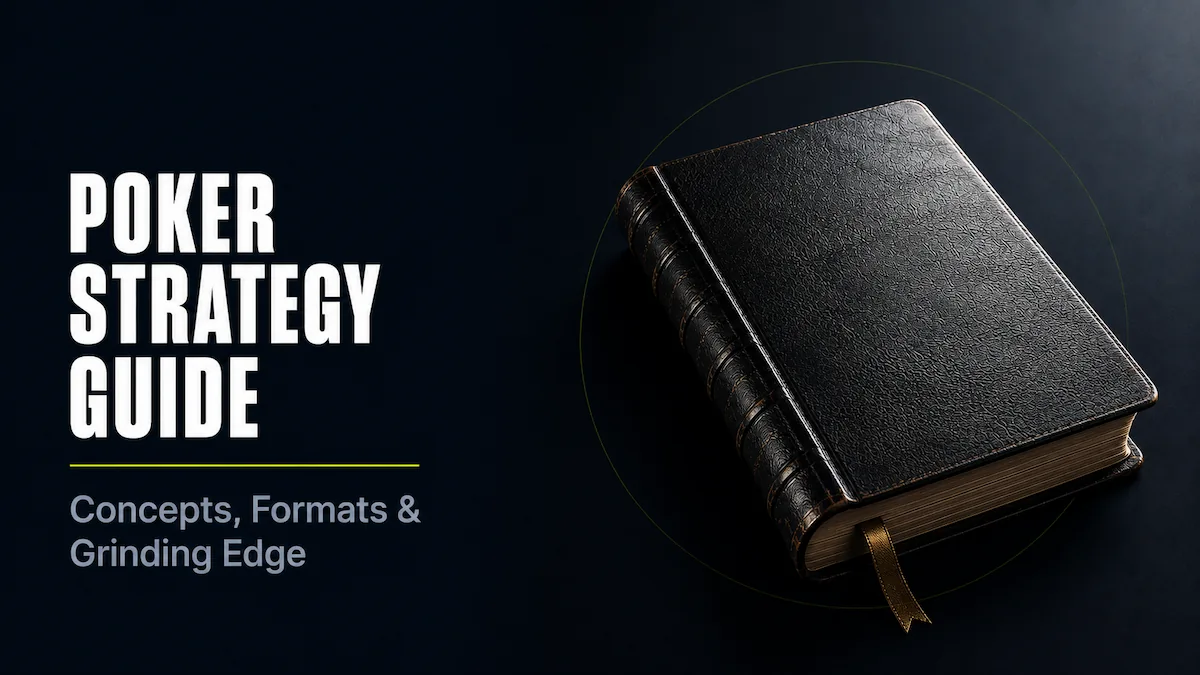 Poker Strategy Guide featured image showing a premium dark leather-bound book with a brass bookmark ribbon on a dark background