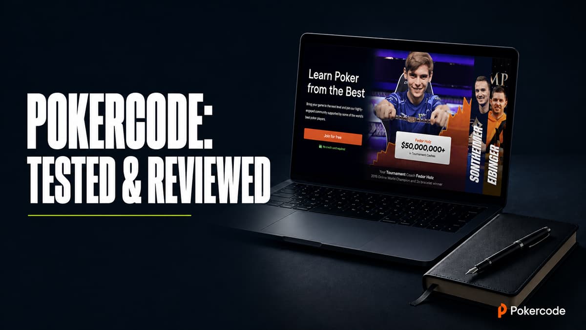 pokercode homepage PokerCode tested and reviewed featured image showing a premium laptop with the PokerCode training homepage, bold review title, notebook, pen, and Pokercode logo