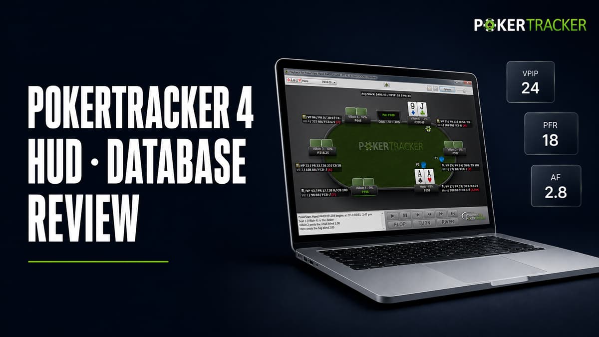PokerTracker Review Featured Image PokerTracker 4 HUD database review image featuring a premium laptop with poker tracking software, HUD stats, and online poker analytics for strategy study