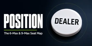 Position in poker featured image showing a white dealer button puck with DEALER printed on its face on a dark surface, representing the seat that determines acting order at every poker table