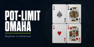 Pot-Limit Omaha strategy featured image showing four playing cards in a 2x2 grid: Ace of spades and King of spades on top, Ace of hearts and King of hearts on bottom, forming AAKK double suited, the strongest PLO starting hand