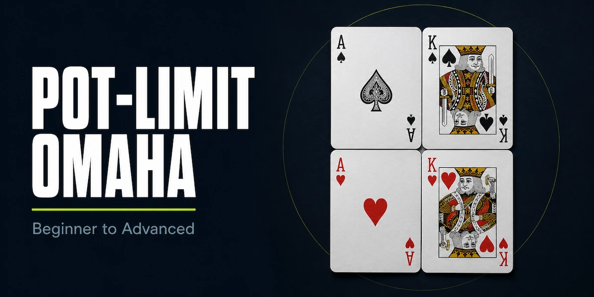 Pot-Limit Omaha Strategy Pot-Limit Omaha strategy featured image showing four playing cards in a 2x2 grid: Ace of spades and King of spades on top, Ace of hearts and King of hearts on bottom, forming AAKK double suited, the strongest PLO starting hand