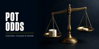 Pot odds in poker featured image showing a brass balance scale with a stack of chips on one side and a single chip on the other, representing the ratio between pot size and call cost