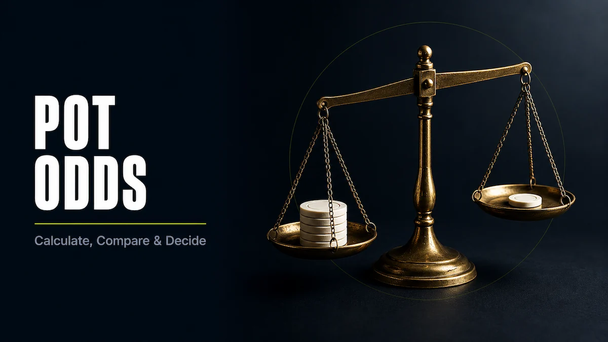 Pot odds in poker featured image showing a brass balance scale with a stack of chips on one side and a single chip on the other, representing the ratio between pot size and call cost
