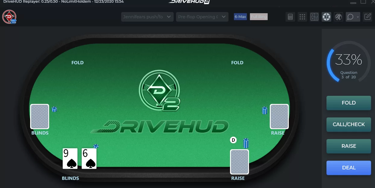 Quiz Generator DriveHUD 2 quiz generator showing a poker training hand with fold, call/check, raise, and deal options, decision percentage meter, and virtual Texas Hold’em table