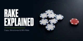 Rake in poker featured image showing a cluster of white and blue poker chips grouped as a pot with one red chip separated to the side, representing the rake the poker room takes from every hand