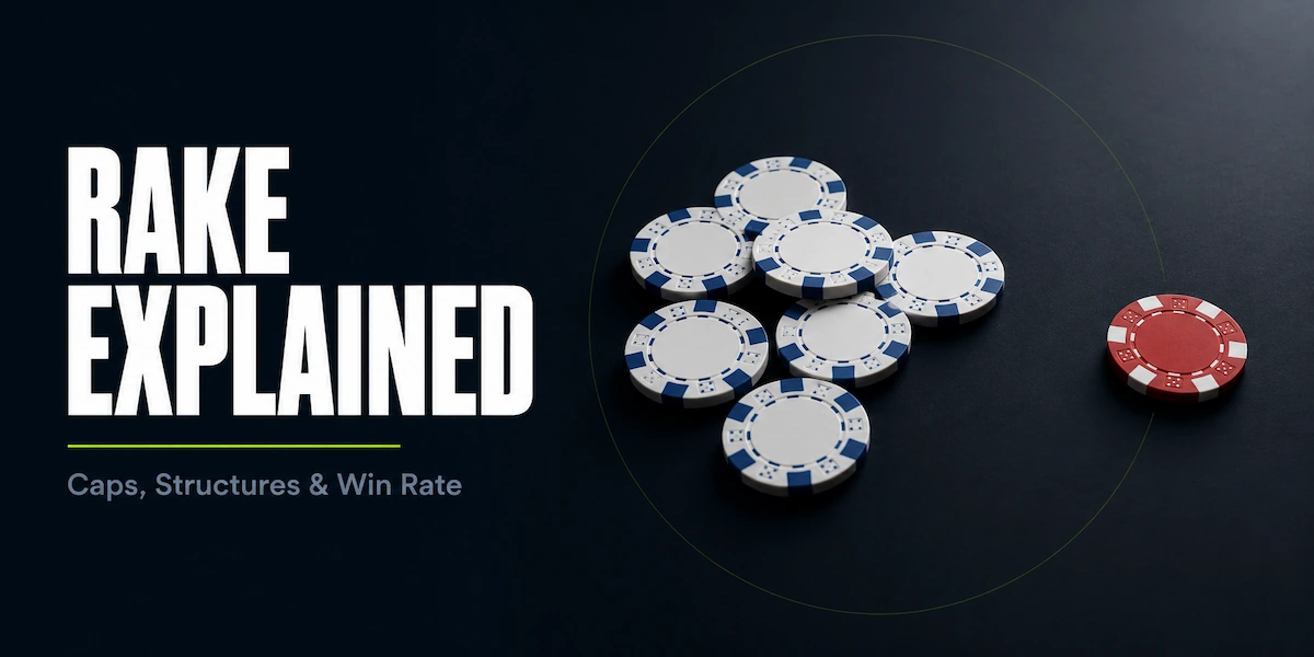 Rake in poker featured image showing a cluster of white and blue poker chips grouped as a pot with one red chip separated to the side, representing the rake the poker room takes from every hand