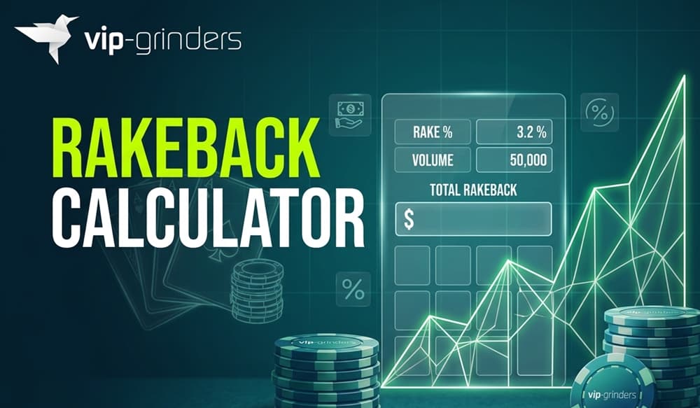 A professional promotional graphic for the VIP-Grinders Rakeback Calculator. The image features a dark teal background with a glowing white and green digital interface showing poker strategy metrics, including a Rake % of 3.2% and a Volume of 50,000. The text "RAKEBACK CALCULATOR" is displayed in bold yellow and white typography. The design includes 3D-rendered teal poker chips branded with the vip-grinders logo, a set of playing cards, and a rising neon green line graph symbolizing profit and growth. The top left corner prominently features the white vip-grinders bird logo and brand name