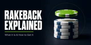 Rakeback explained featured image showing a stack of white and blue poker chips with a green chip hovering above it about to land on top, representing rake money being returned to the player's bankroll
