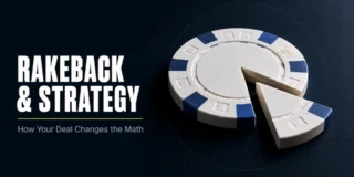 Rakeback and strategy featured image showing a white and blue poker chip cleanly sliced into two pieces with a wedge separated, representing the percentage of rake returned through a rakeback deal