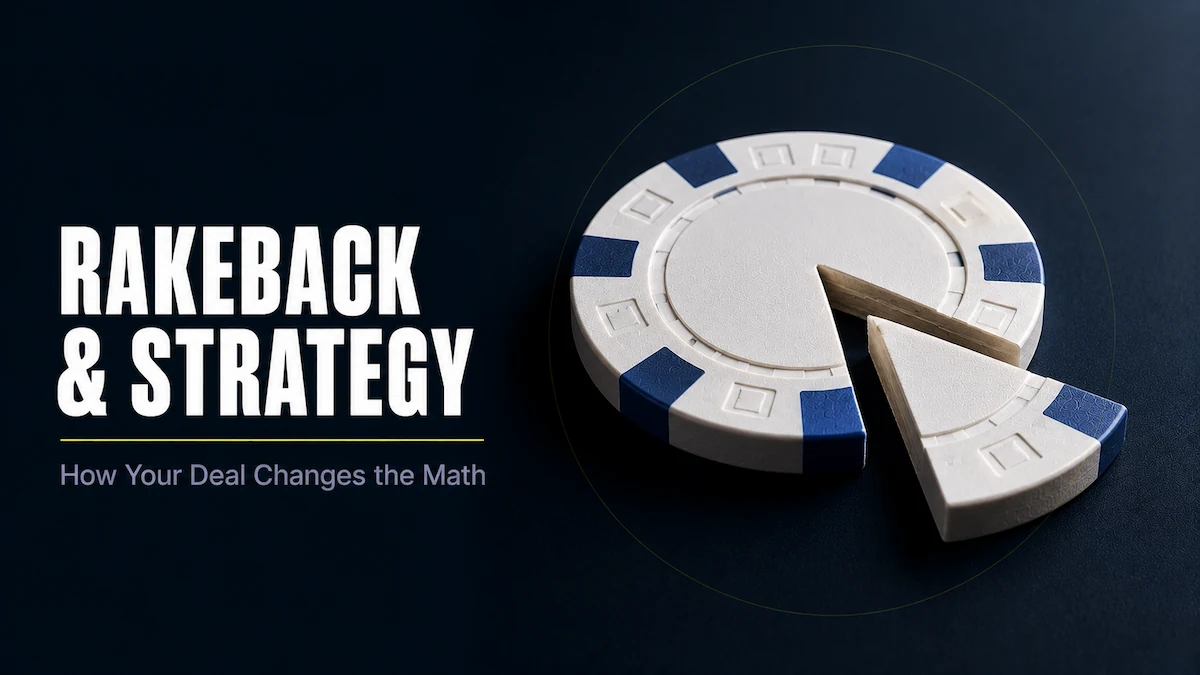 Rakeback and Poker Strategy Rakeback and strategy featured image showing a white and blue poker chip cleanly sliced into two pieces with a wedge separated, representing the percentage of rake returned through a rakeback deal