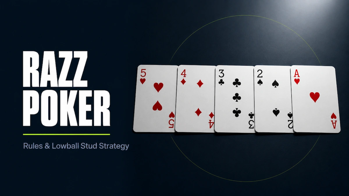 Razz Poker Strategy Razz poker strategy featured image showing the best possible Razz hand, the wheel: five of hearts, four of diamonds, three of clubs, two of spades, and Ace of hearts laid out in a row on a dark surface