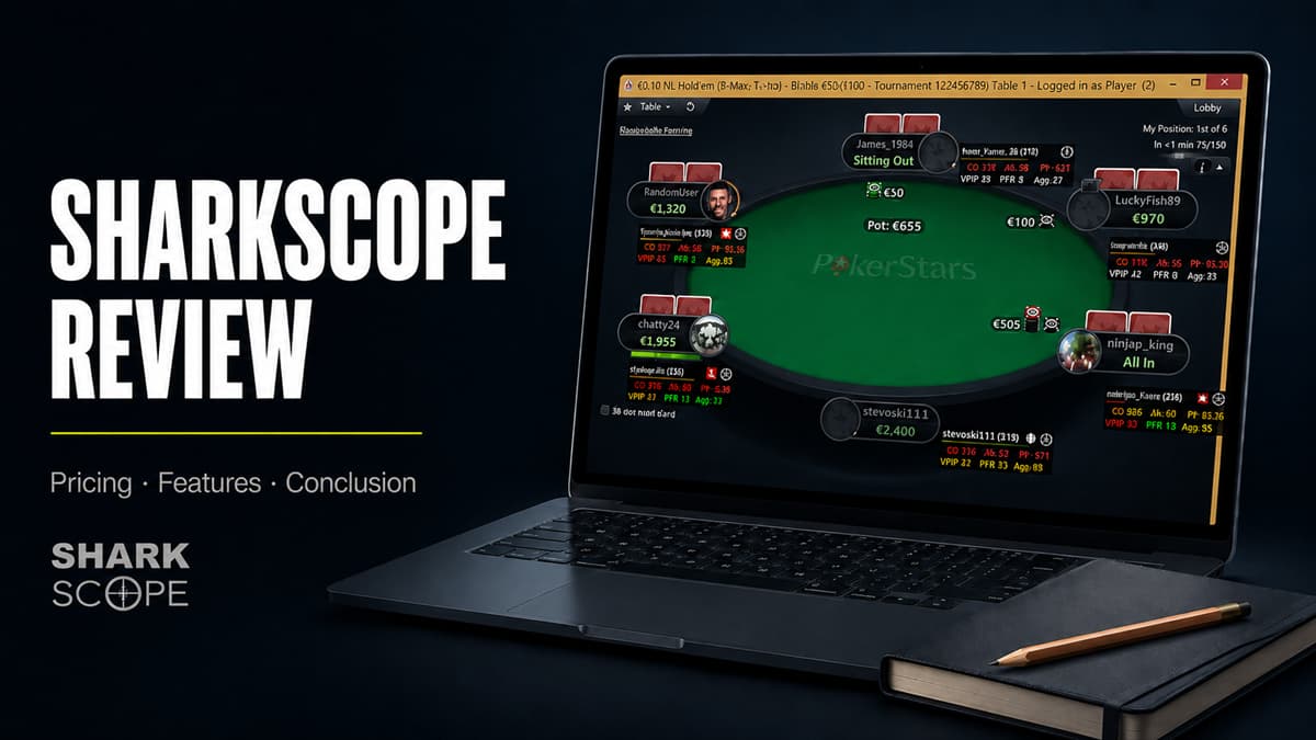 SharkScope Review Featured Image SharkScope review featured image showing poker tracking stats on a laptop screen, bold strategy guide title, subtle SharkScope logo, notebook, and pencil
