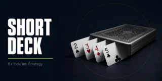Short Deck poker strategy featured image showing a deck of playing cards with four cards pulled out from the front showing the 2 of spades, 3 of hearts, 4 of diamonds, and 5 of clubs, the four ranks removed in 6+ Hold'em