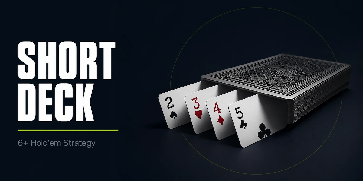 Short Deck poker strategy featured image showing a deck of playing cards with four cards pulled out from the front showing the 2 of spades, 3 of hearts, 4 of diamonds, and 5 of clubs, the four ranks removed in 6+ Hold'em