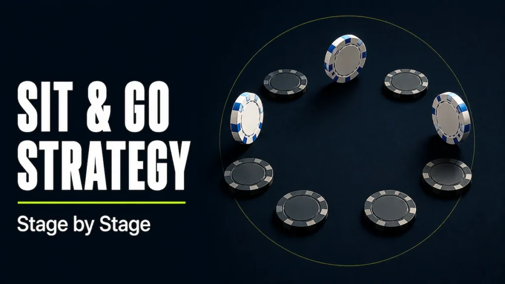 Sit and Go Strategy Sit and Go strategy featured image showing nine poker chips arranged in a circle on a dark surface, with three white chips standing upright and six dark chips lying flat, representing the nine players at an SNG table with three survivors reaching the money