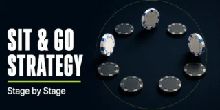 Sit and Go strategy featured image showing nine poker chips arranged in a circle on a dark surface, with three white chips standing upright and six dark chips lying flat, representing the nine players at an SNG table with three survivors reaching the money