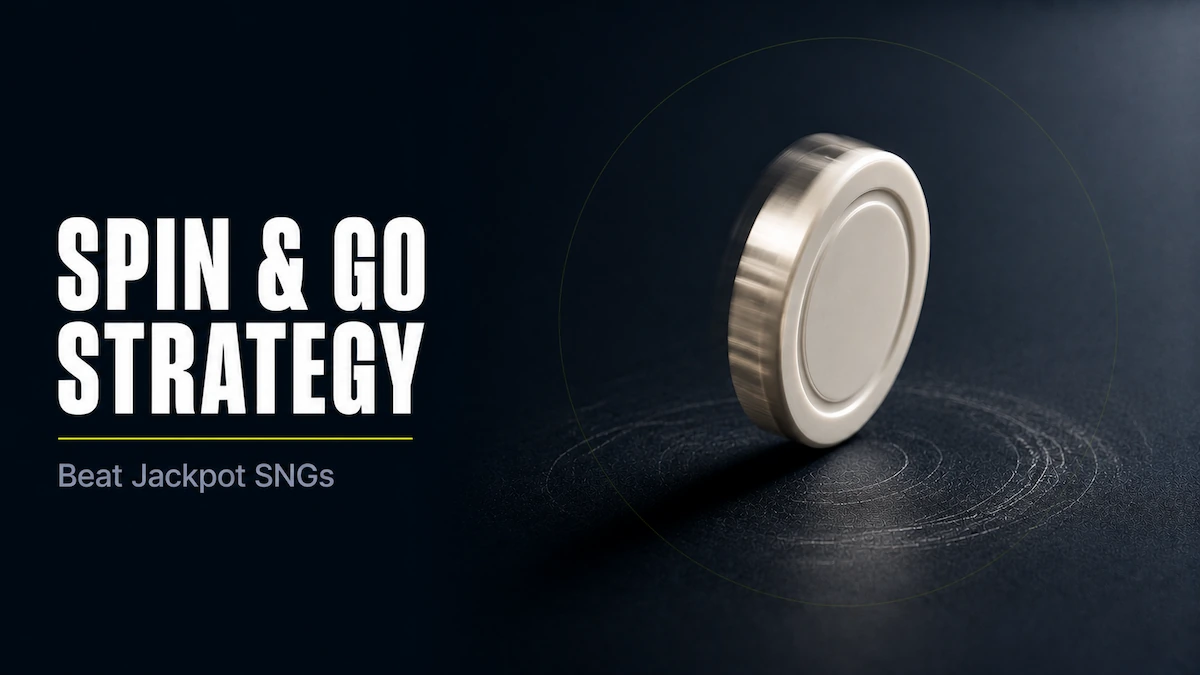 Spin and Go Strategy Spin and Go strategy featured image showing a single poker chip spinning on its edge on a dark surface with motion blur and circular trace marks