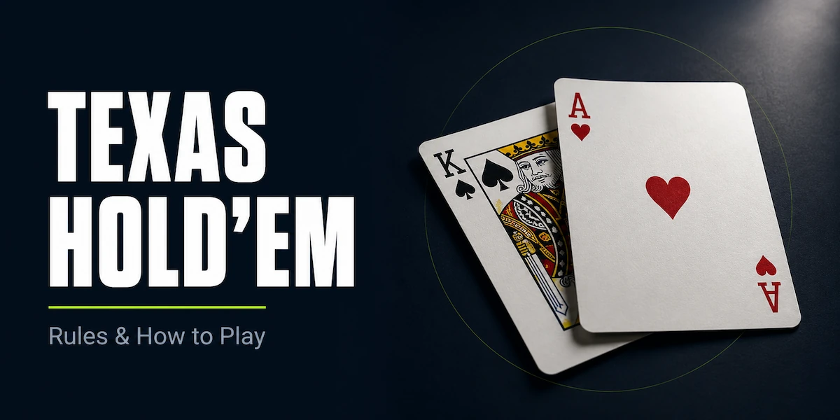 Texas Hold'em Strategy Texas Hold'em rules featured image showing two overlapping playing cards face-up on a dark surface: the King of spades and the Ace of hearts, the most recognizable premium starting hand in Hold'em