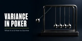 Variance in poker featured image showing a Newton's cradle with one polished chrome ball pulled to the peak of its arc and four balls hanging still, representing the swings and oscillation of poker results