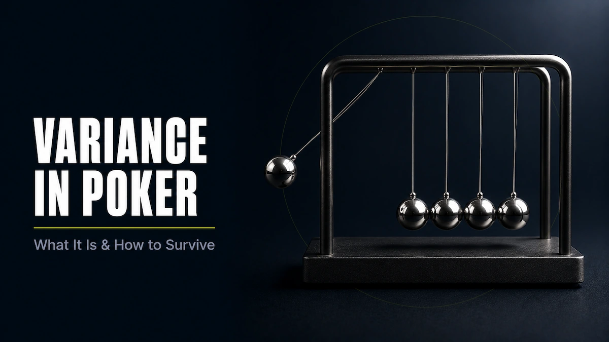 Variance in poker featured image showing a Newton's cradle with one polished chrome ball pulled to the peak of its arc and four balls hanging still, representing the swings and oscillation of poker results