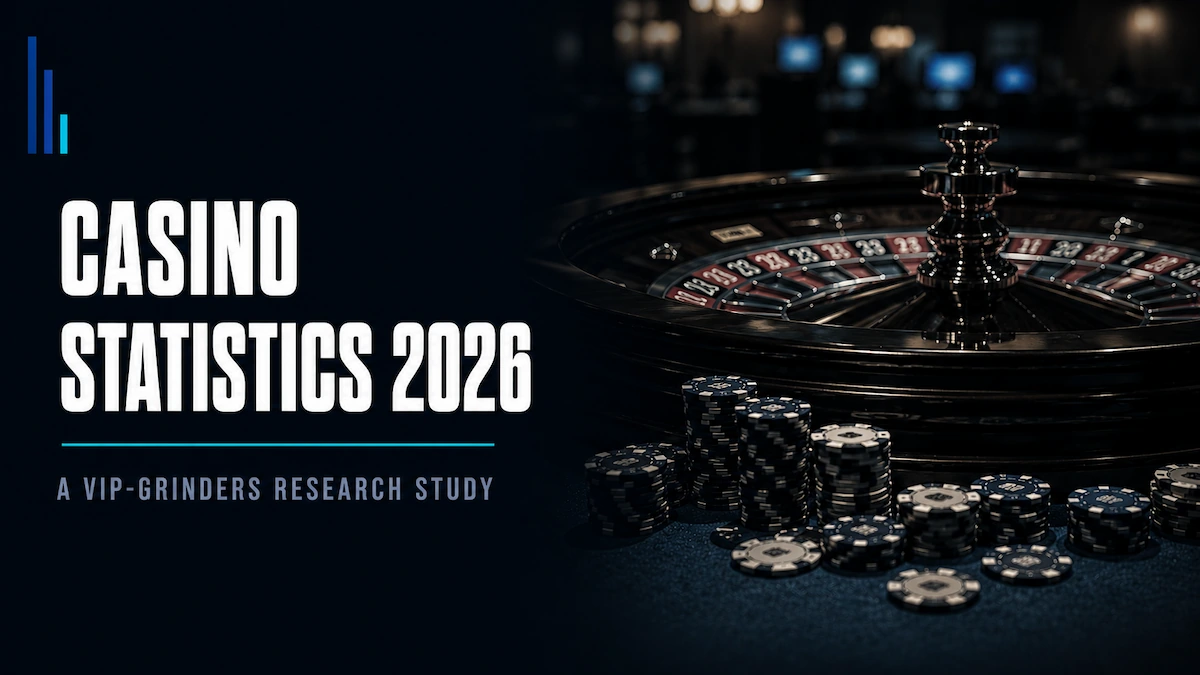 Casino Statistics 2026 Dark casino table with roulette wheel and stacked chips under warm amber lighting, desaturated cinematic tones. Featured image for VIP-Grinders Casino Statistics 2026 research page.